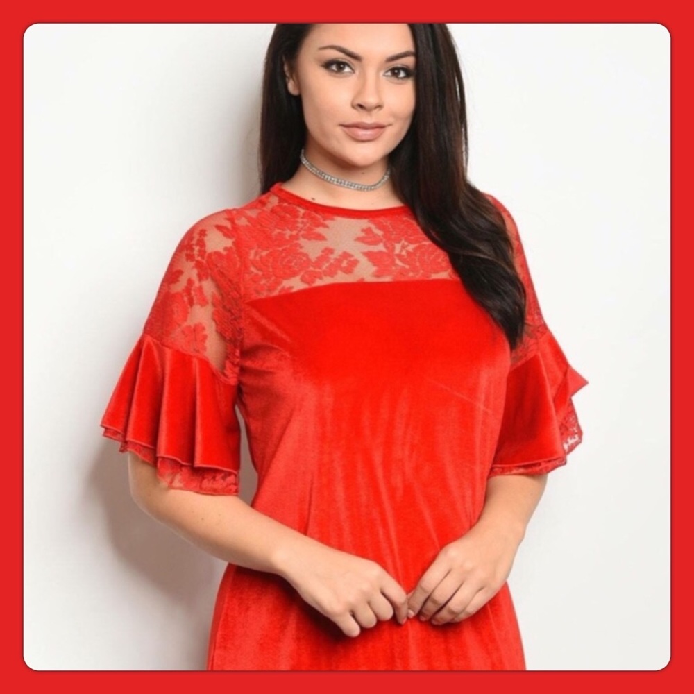 Plus Size Red Velvet Dress w/ Lace Detail
